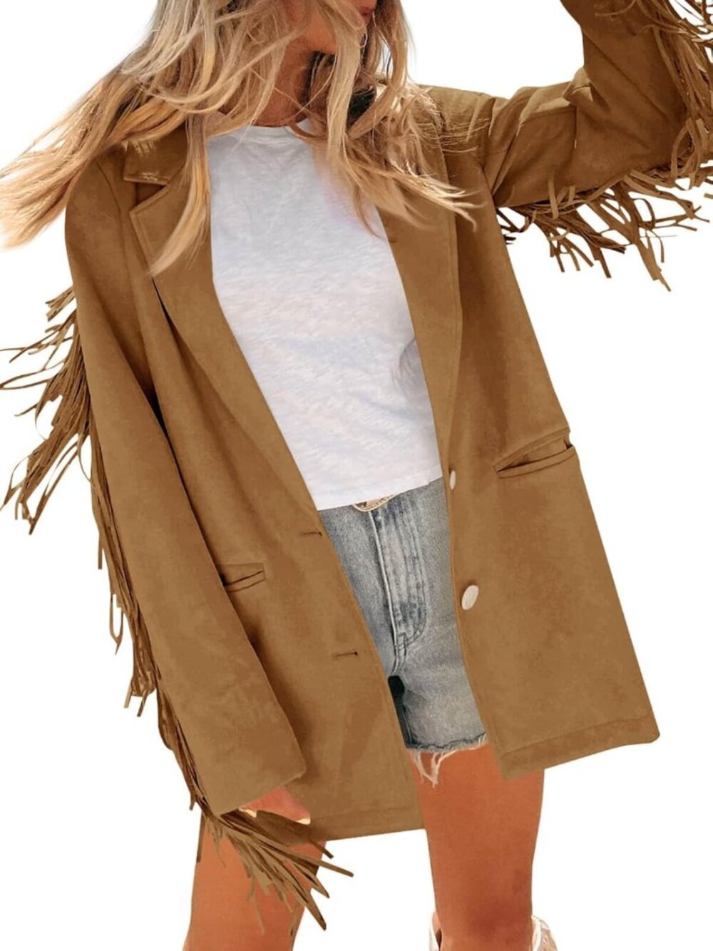 Women's Brown Faux Suede Lapel Collar Long Sleeves Casual Western Fringe Jacket